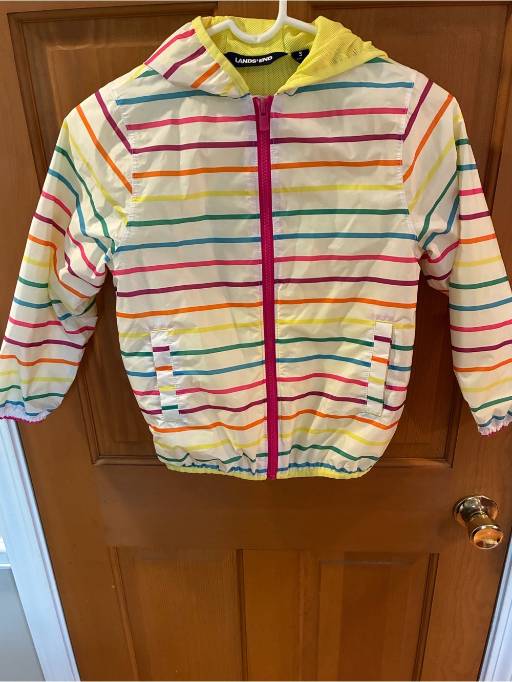 Lands' End Girls Rainbow Stripe Hooded Rain Jacket in White with Multi Stripes